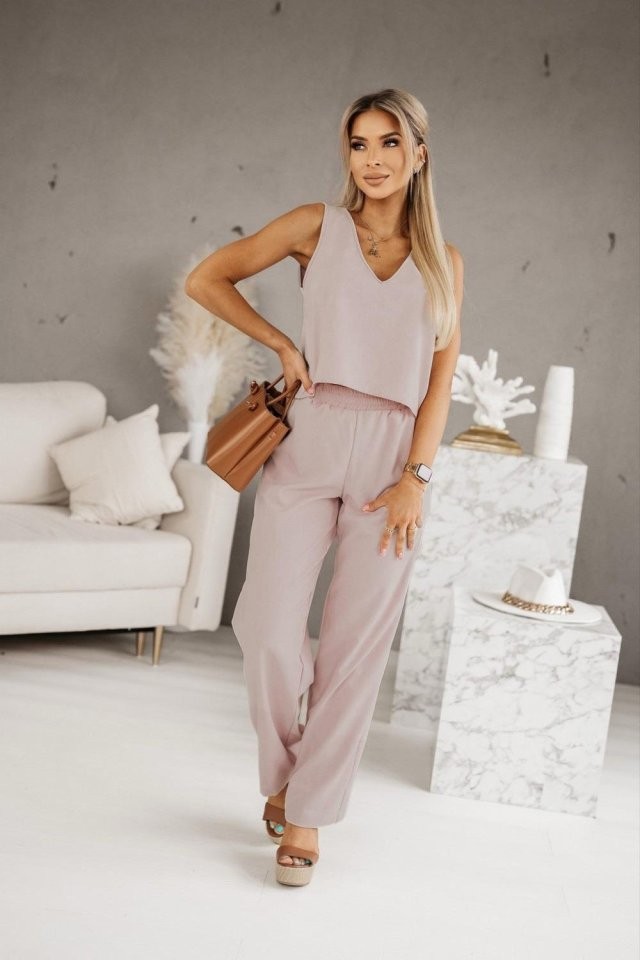 Kadın Üstü V Yaka Kolsuz Krop Alt Beli Lastikli Pantalon İki İplik Takım