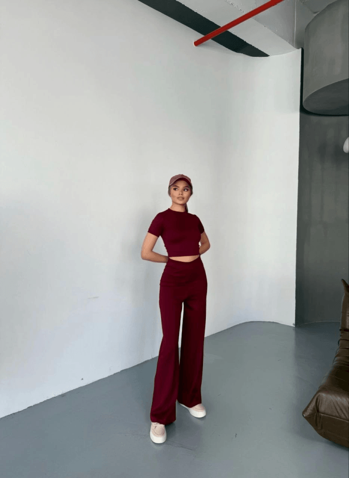 Osy Modal Yumuşak Dokulu Kumaş Kısa Kollu Crop Rahat Pantalon Ikili Takım - Bordo