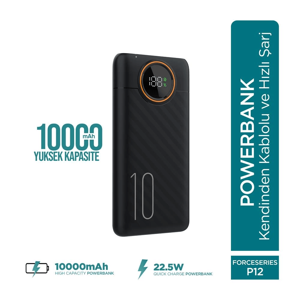 Force P12 10000mah 22.5w Hızlı Şarj Cihazı  - Fast Powerbank  - Dijital Ekran - Taşınabilir Şarj Cihazı