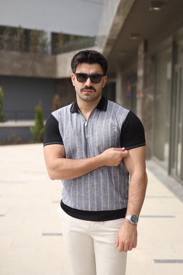 Erkek Polo Yaka Fermuar Detaylı Çizgili Tişört