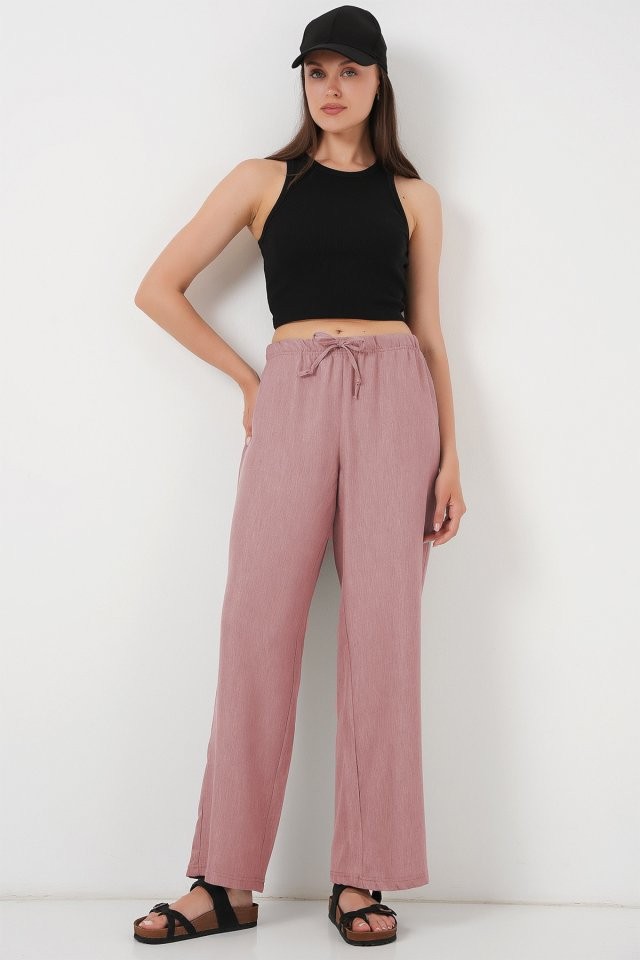 Geniş Paça Keten Pantolon 6735 - Pudra