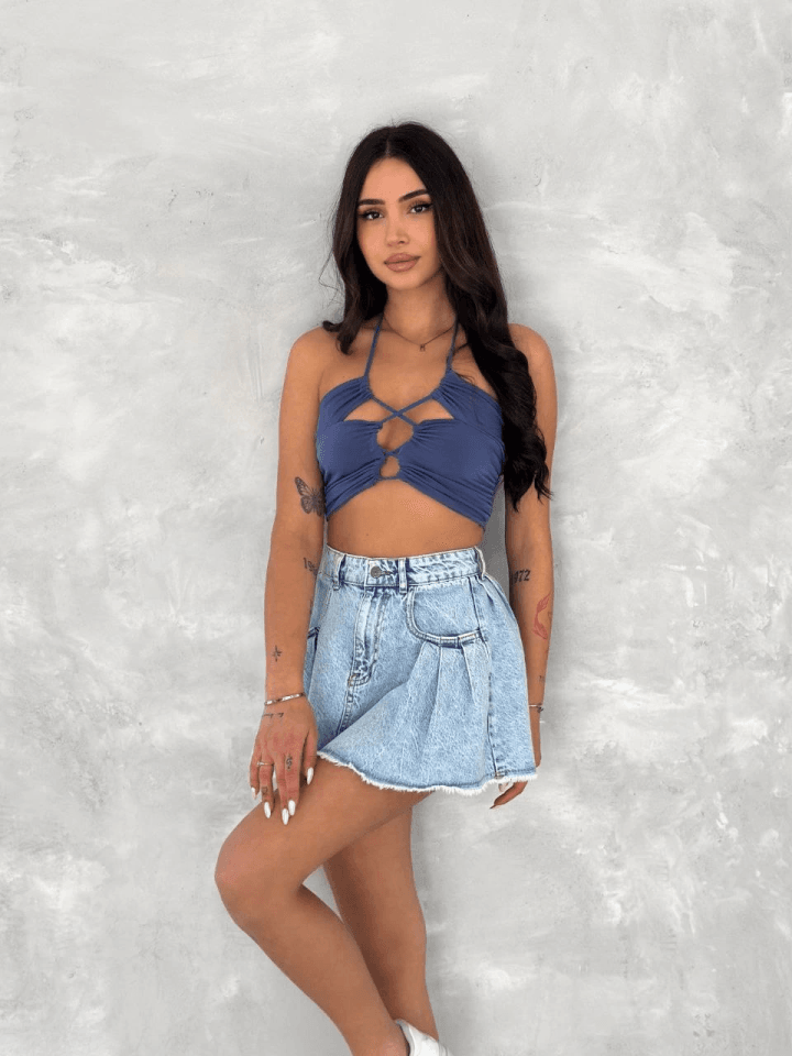 Kot Jeans Kesimetrik Kesim Cepli Şortlu Etek - Mavi