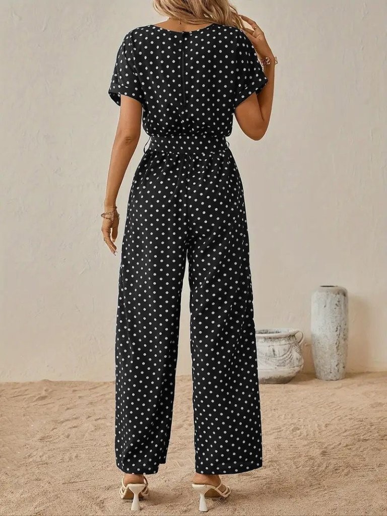 Kadın Kısa Kollu Kayık Yaka Belden Kuşaklı örme Krep Tulum