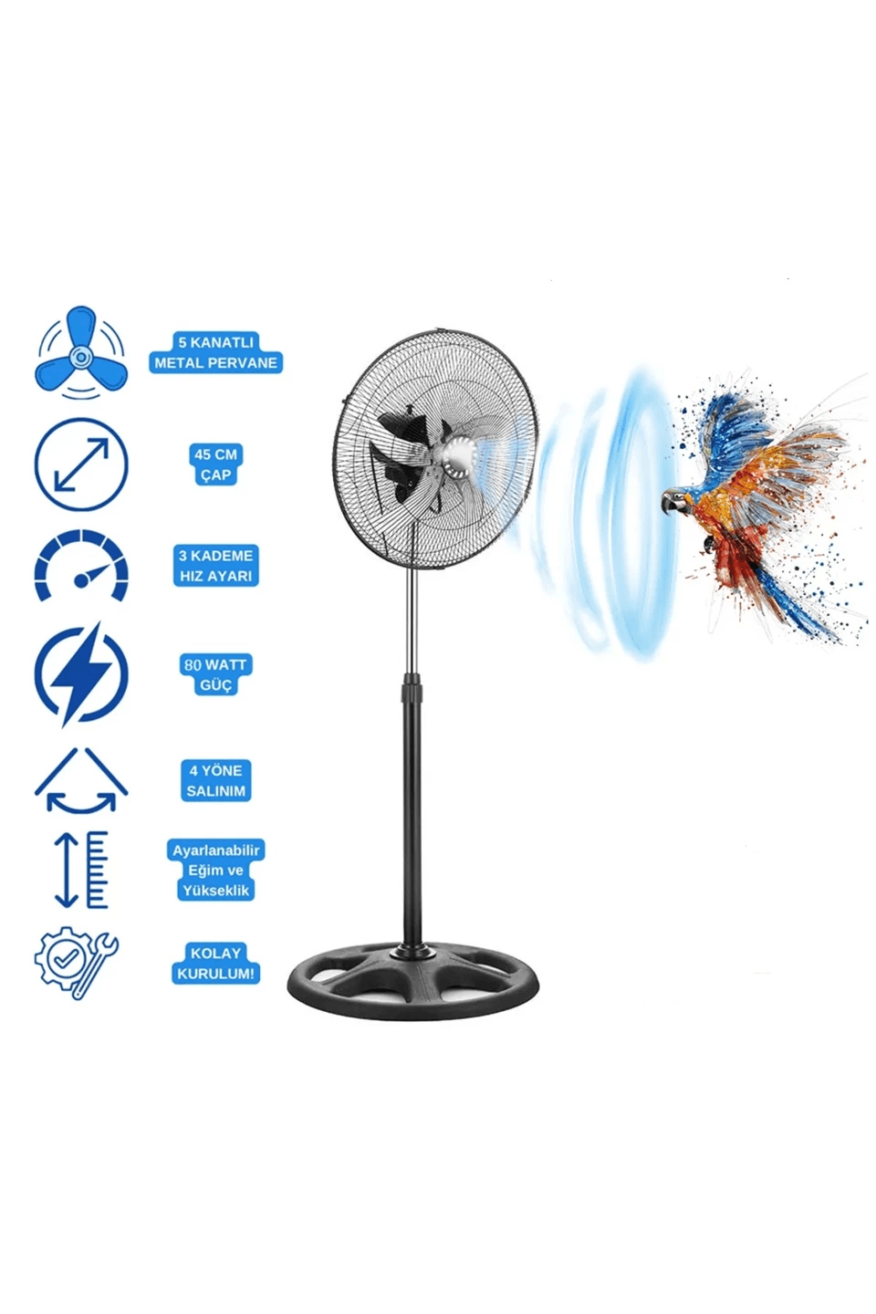 5 Metal Kanatlı Soğutucu Vantilatör Pervane 3 Kademe Hız Kontrol 18’’inch - 80w