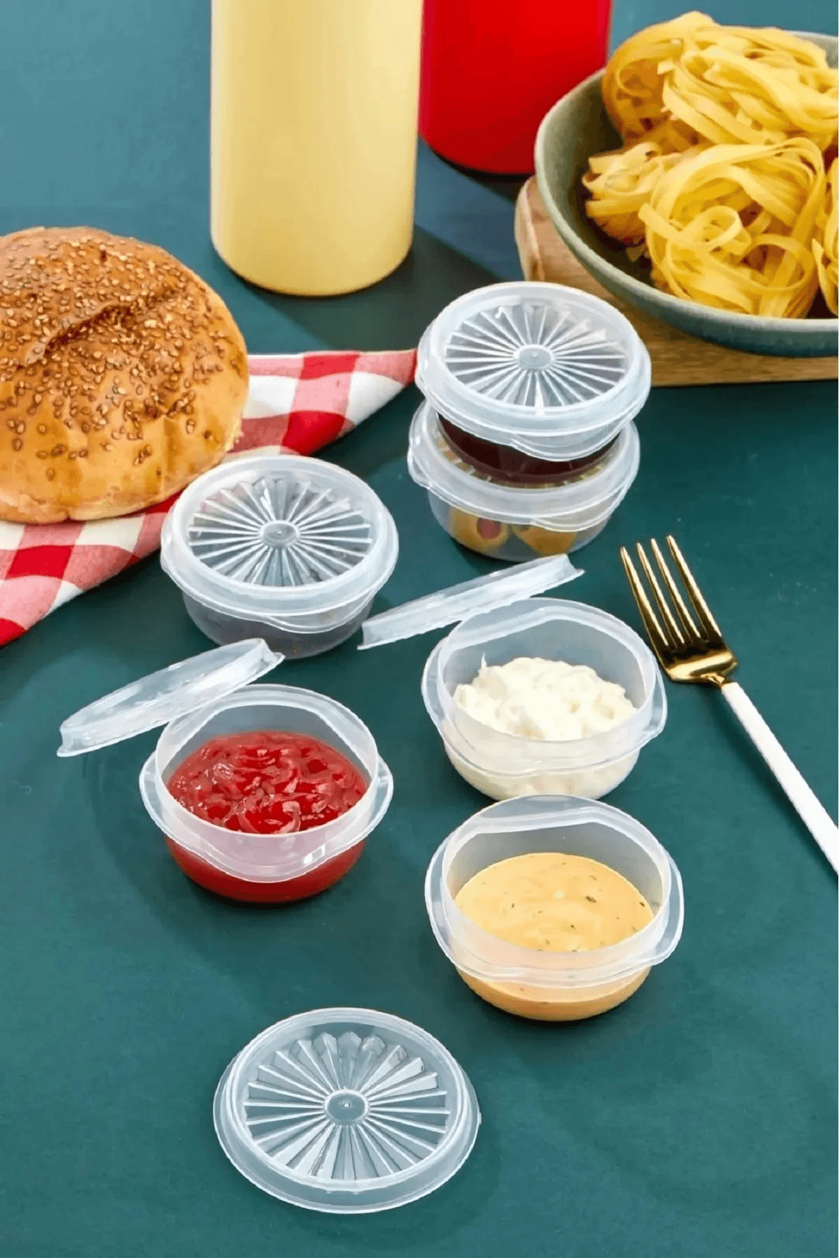 9 Lu Yelpaze Kapaklı Şeffaf Mini Sosluk - Ketçap Mayonez Kabı- Kahve Yanı Şeker Lokumluk