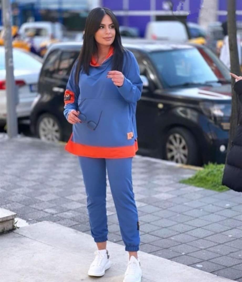 Kadın Indigo Kapşonlu Etek Ucu Detay Arma Ters Dikiş Gorunumlu Ikili Takım