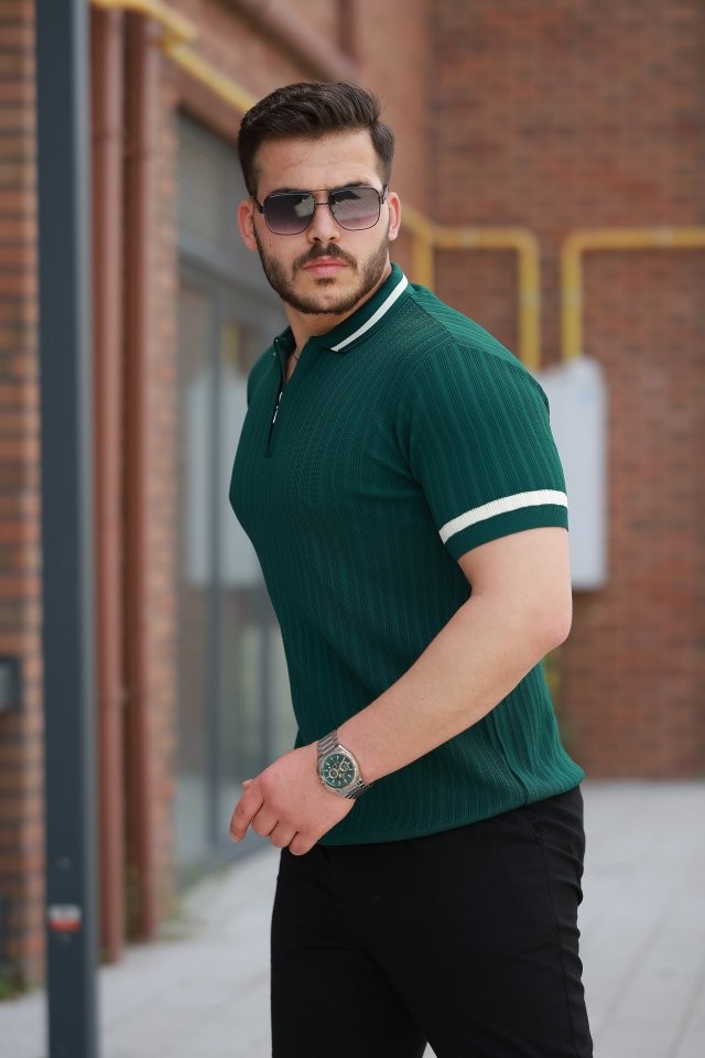 Erkek Yaka Ve Kolları çizgi Detaylı Fermuarlı Kısa Kollu T-shirt