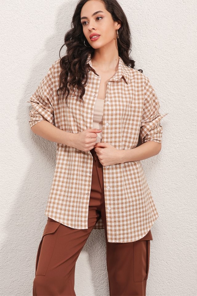 3900 Oversize Kareli Gömlek - Y.Bej