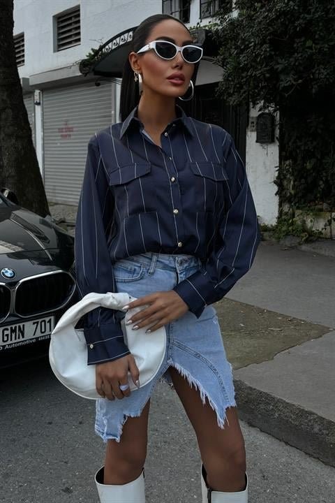 Chanel Saten Premium Çizgili Gömlek 3411
