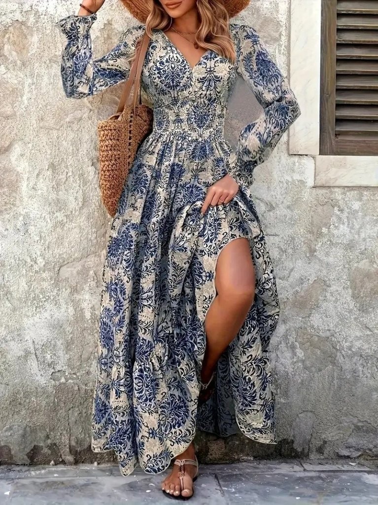Kadın Uzun Kollu V Yakalı Desenli Süprem Elbise