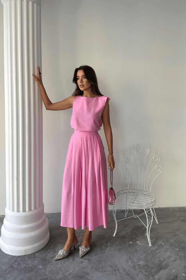 KETEN KOLSUZ BLUZ - MAXİ ETEK TAKIM - Pembe