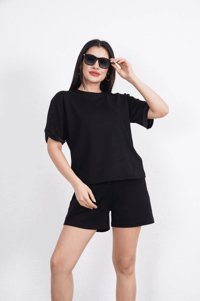 Osy Modal Yumuşak Dokulu Kumaş Bisiklet Yaka T-shirt Kısa Şort İkili Takım - Siyah