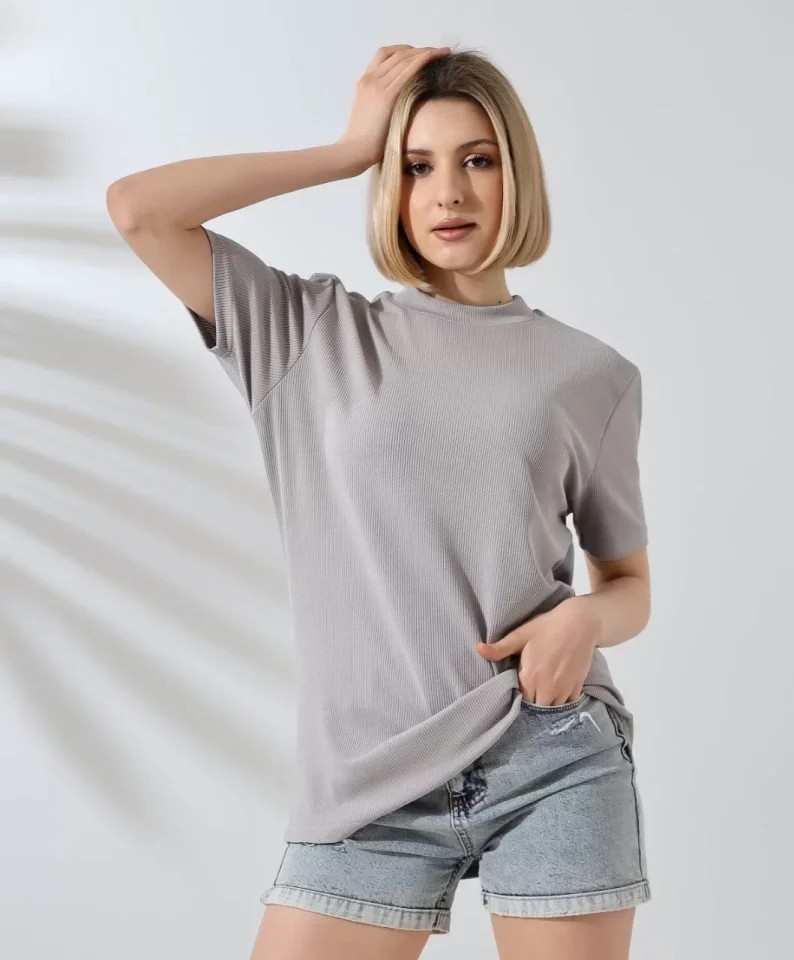 Unisex Bisiklet Yaka Slim Fit T-Shirt - Boyalı Gri