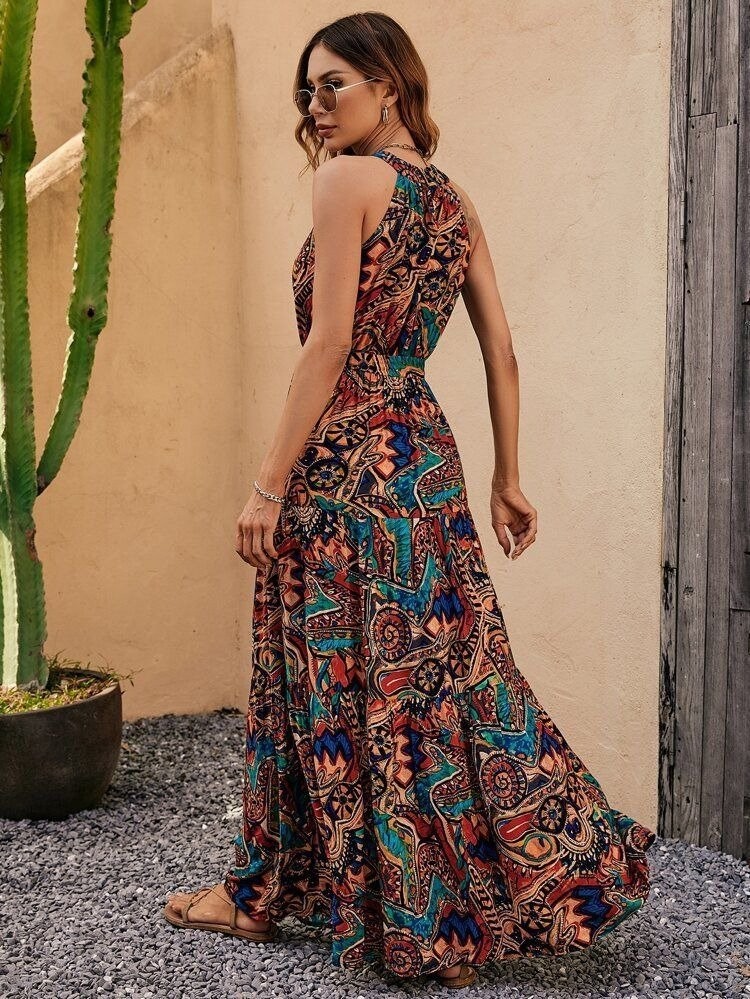 Kadın Kolsuz Halter Yaka Beli Lastikli Otantik Desenli Mikro Kumaş Elbise