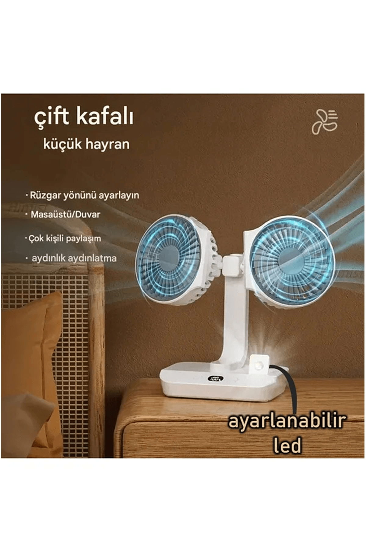 Masaüstü Dijital Ekranlı Çift Fanlı Led Işıklı Soğutucu Fan Ev Ofis Şarjlı Vantilatör