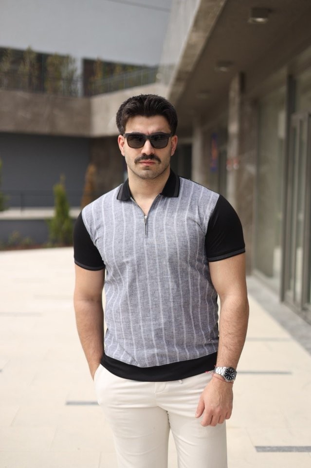 Erkek Polo Yaka Fermuar Detaylı Çizgili Tişört