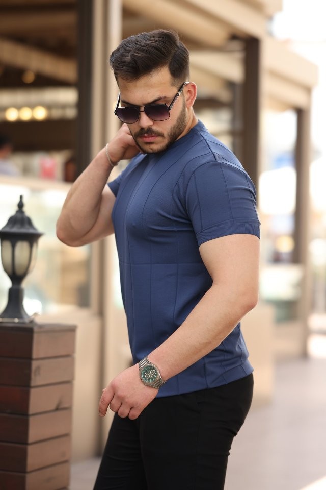Erkek Ince çizgi Dokulu Bisiklet Yaka Kısa Kollu T-shirt