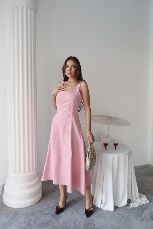 Pembe Çift Dikişli Gabardin Elbise