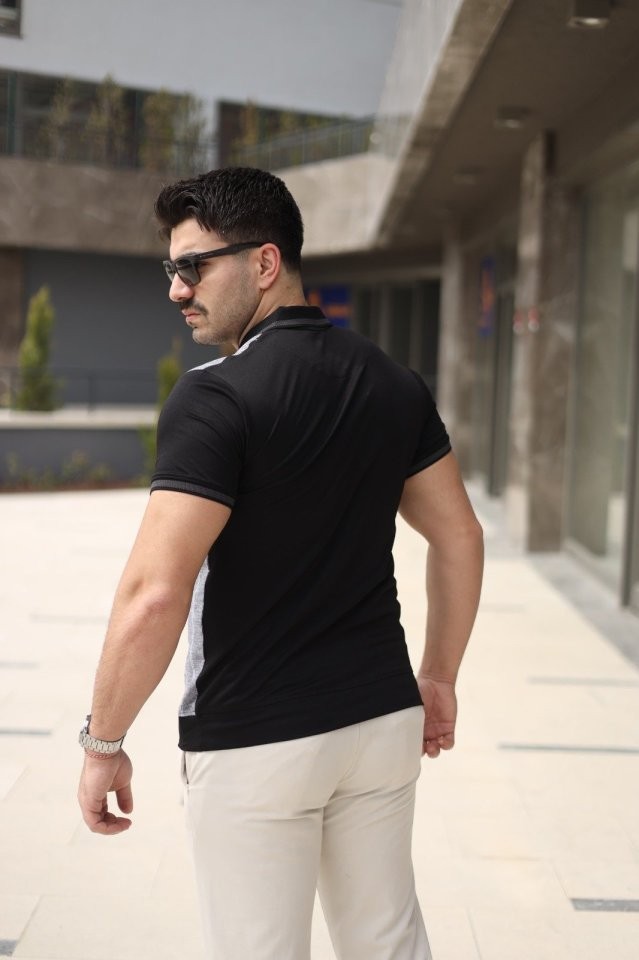 Erkek Polo Yaka Fermuar Detaylı Çizgili Tişört
