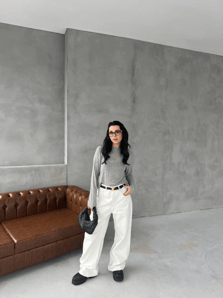 Bisiklet Yaka Uzun Kollu Crop - Gri
