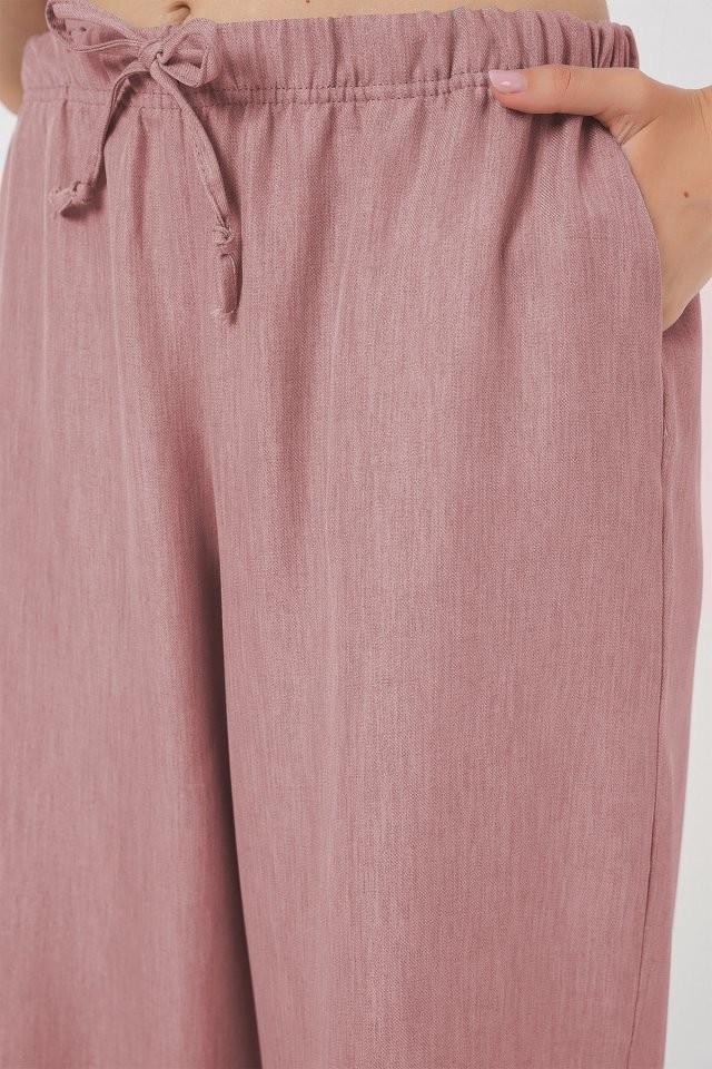 Geniş Paça Keten Pantolon 6735 - Pudra