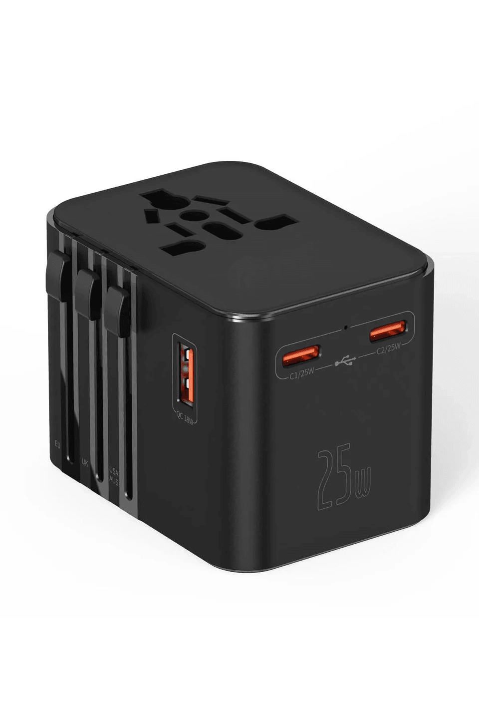 25w Evrensel Seyahat Adaptörü, Eu/us/uk/au Priz Dönüştürücü, 1x Usb, 2x Type-c Hızlı Şarj