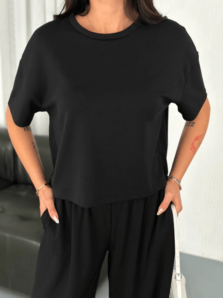 Osy Modal Yumuşak Dokulu Kumaş Bisiklet Yaka T-shirt Bol Paça Pantalon Ikili Takım -Siyah