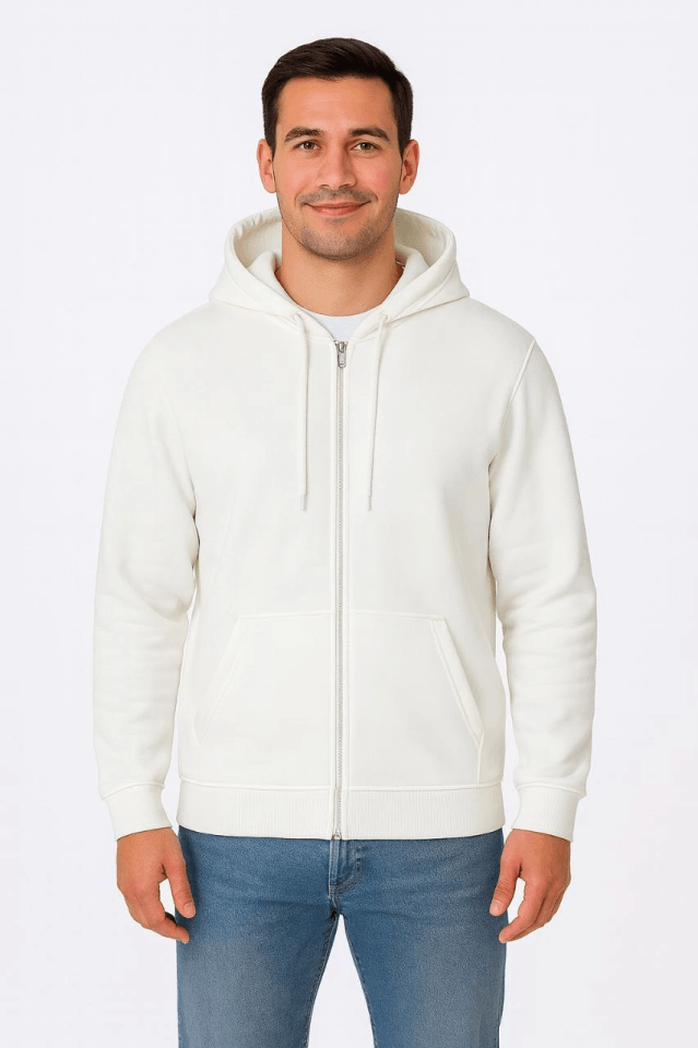 Erkek Üç İplik Kapüşonlu Tam Fermuarlı Kanguru Çepli SweatShirt Hoodie - Beyaz