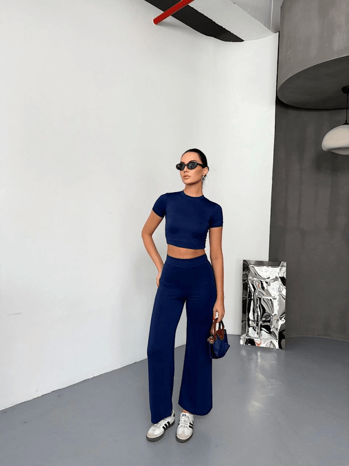 Osy Modal Yumuşak Dokulu Kumaş Kısa Kollu Crop Alt Ispanyol Paça Pantalon Ikili Takım - Lacivert