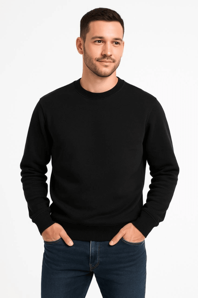 Erkek Üç İplik Düz Bisiklet Yaka SweatShirt - Siyah