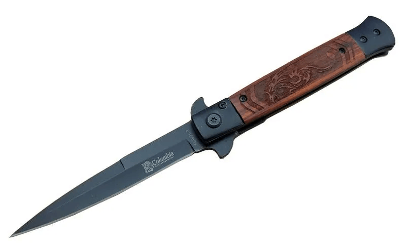 Fs 902 Siyah Kamp Çakı 23cm- Yarı Otomatik, Ejderha Motifli Ahşap Sap, Kemerlikli
