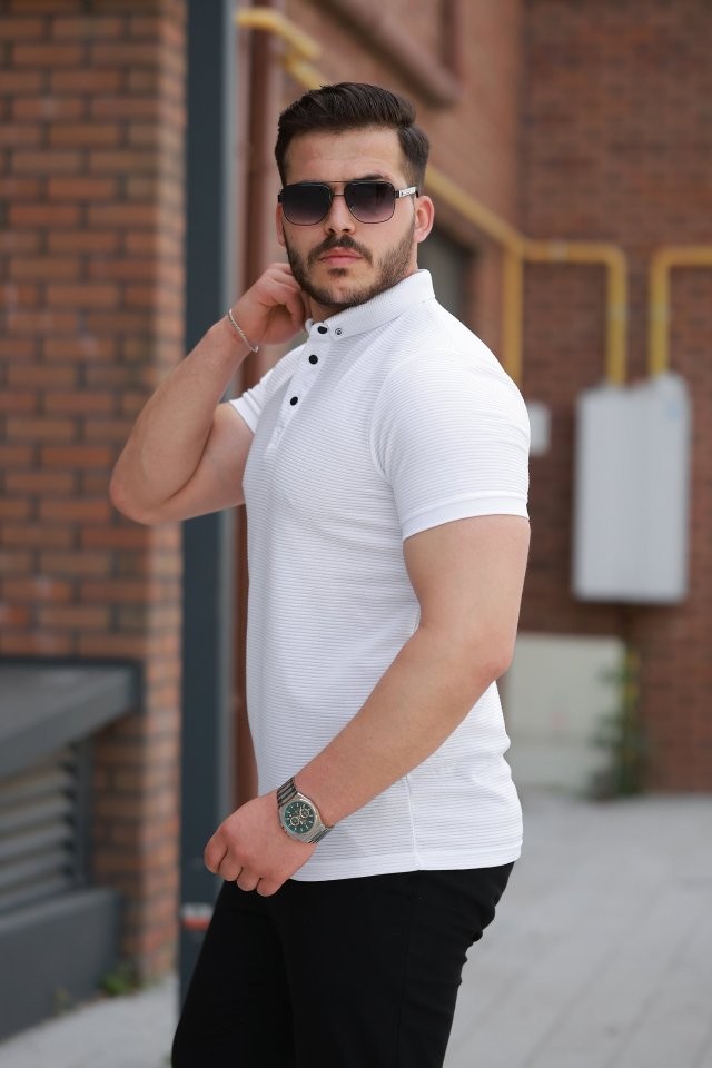 Erkek çizgi Dokulu çıtçıt Yakalı Kısa Kollu T-shirt