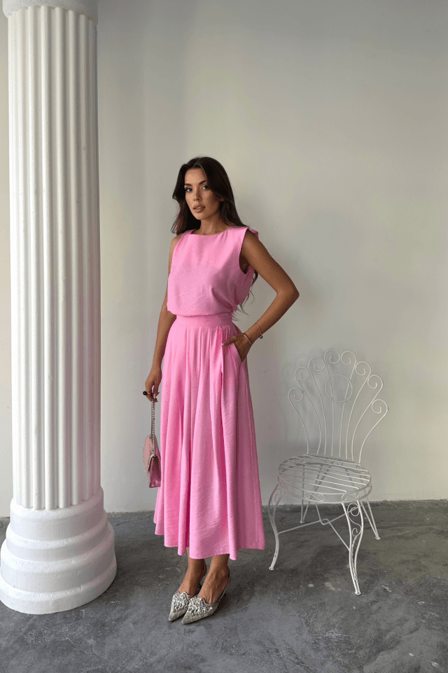 KETEN KOLSUZ BLUZ - MAXİ ETEK TAKIM - Pembe
