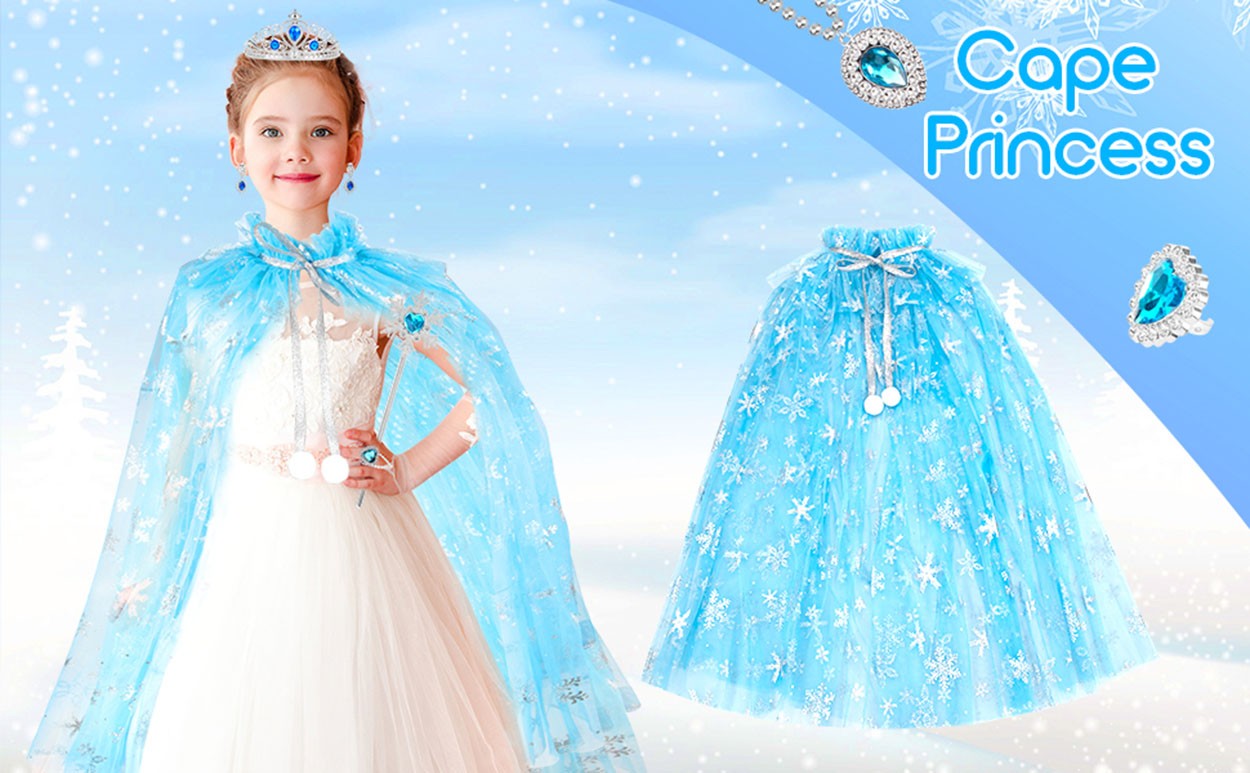 Karlar Ülkesi Elsa Frozen Mavi Pelerin – 80 Cm Kar Desenli Çocuk Pelerini ( Taç Hariç )