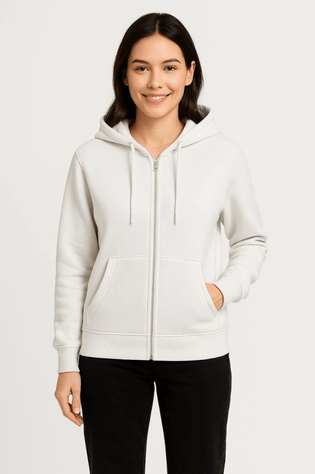 Üç İplik Kapüşonlu Tam Fermuarlı Kanguru Çepli SweatShirt Hoodie - Beyaz