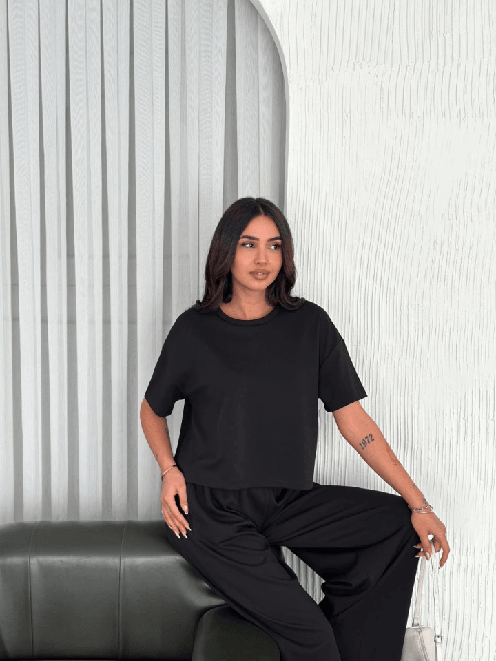 Osy Modal Yumuşak Dokulu Kumaş Bisiklet Yaka T-shirt Bol Paça Pantalon Ikili Takım -Siyah