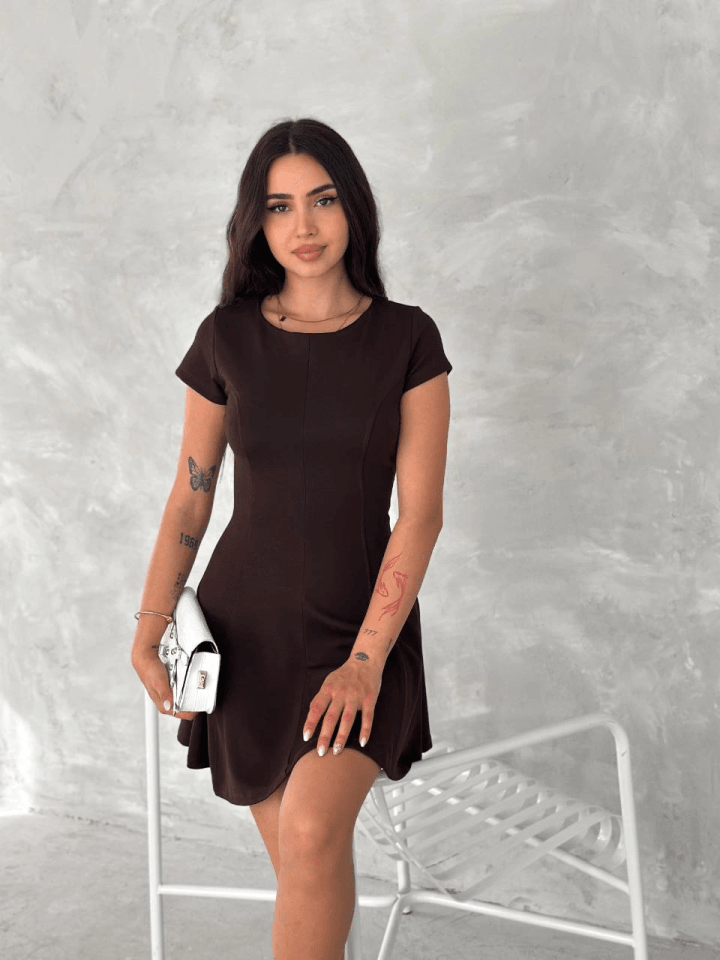 Kısa Kollu Mini Elbise - Kahverengi