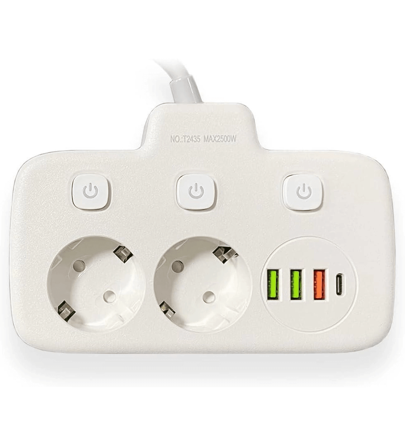 Akım Korumalı 2’li Ayrı Anahtarlı Priz, 2x Priz, 3x Usb, 1x Type-c, 2 Mt Kablo, Hızlı Şarj