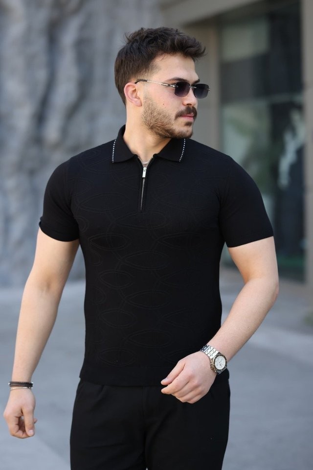 Erkek Viskon Kumaş Polo Yaka Desenli Tişört