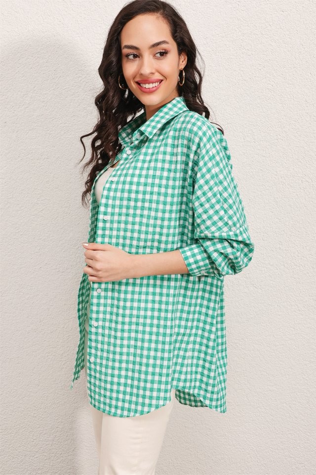3900 Oversize Kareli Gömlek - Y.Yeşil