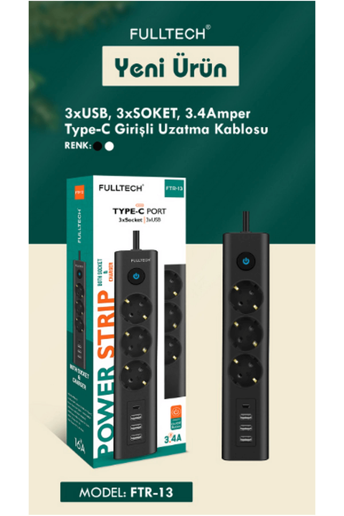 Termal Akım Korumalı Isıya Dayanıklı 3’lü Priz, 3 Usb, 1 Type-c Giriş Kablolu Priz