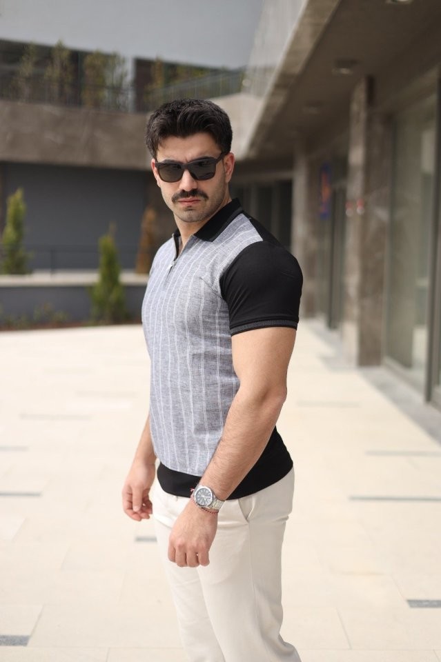 Erkek Polo Yaka Fermuar Detaylı Çizgili Tişört