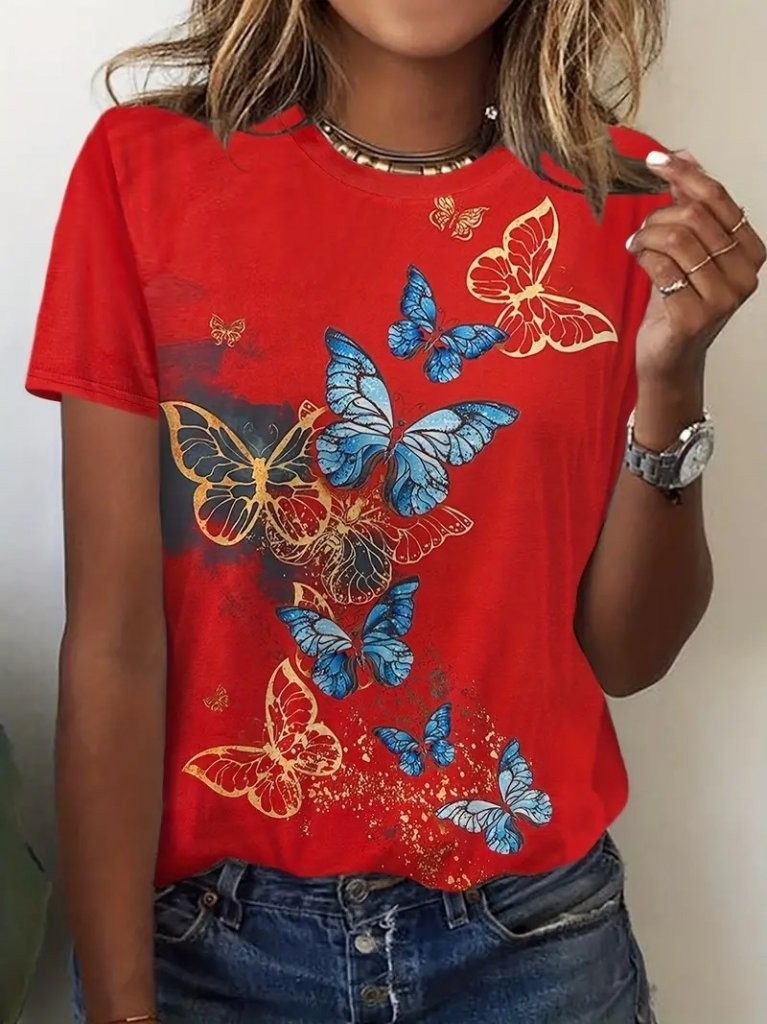 Kadın Kısa Kollu Mavi Sarı Kelebek Baskı Süprem T-shirt