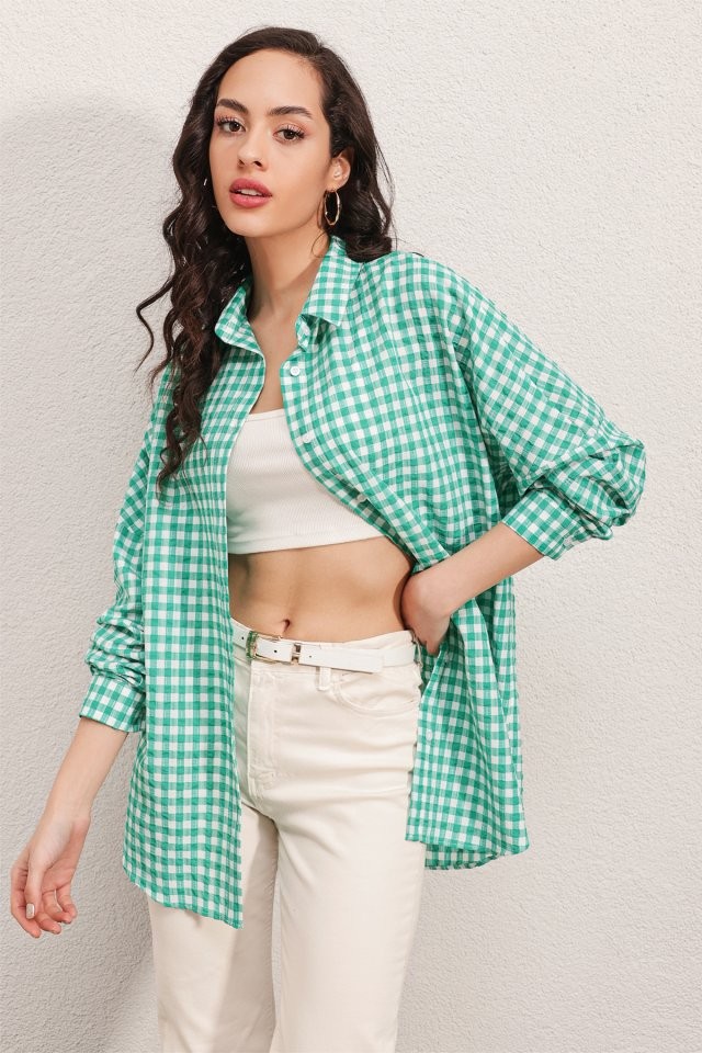3900 Oversize Kareli Gömlek - Y.Yeşil