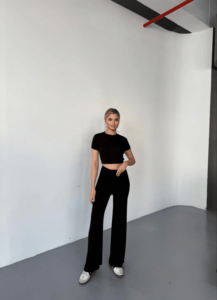 Osy Modal Yumuşak Dokulu Kumaş Kısa Kollu Crop Rahat Pantalon Ikili Takım - Siyah