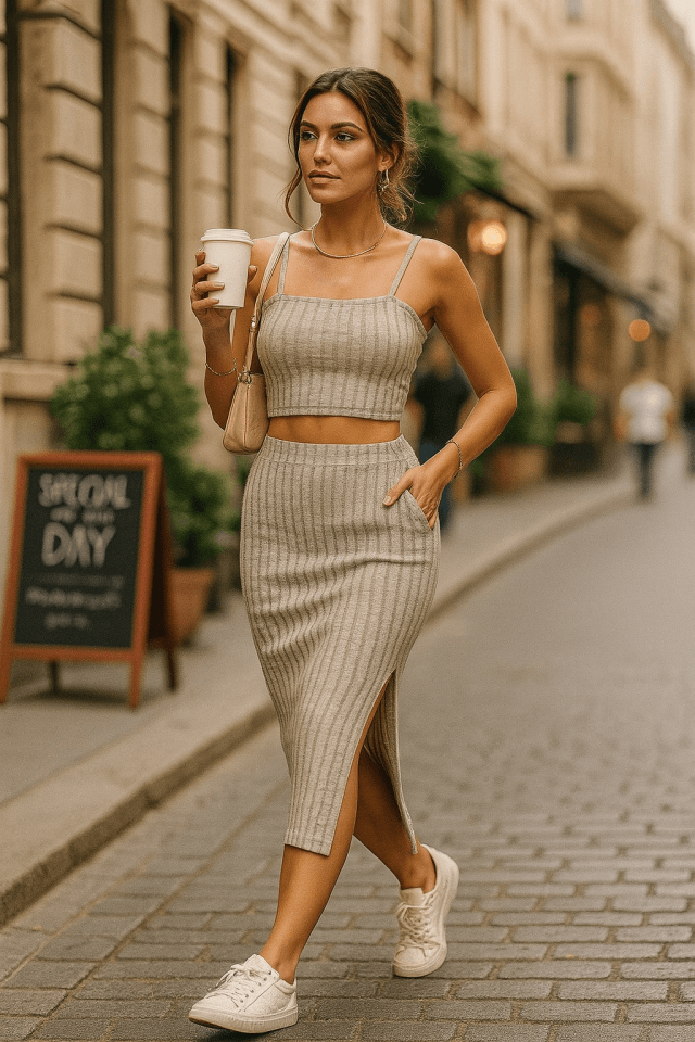 Kadın Kolsuz Askılı Crop Yırtmaçlı Midi Etek Fitilli Kaşkorse Takım