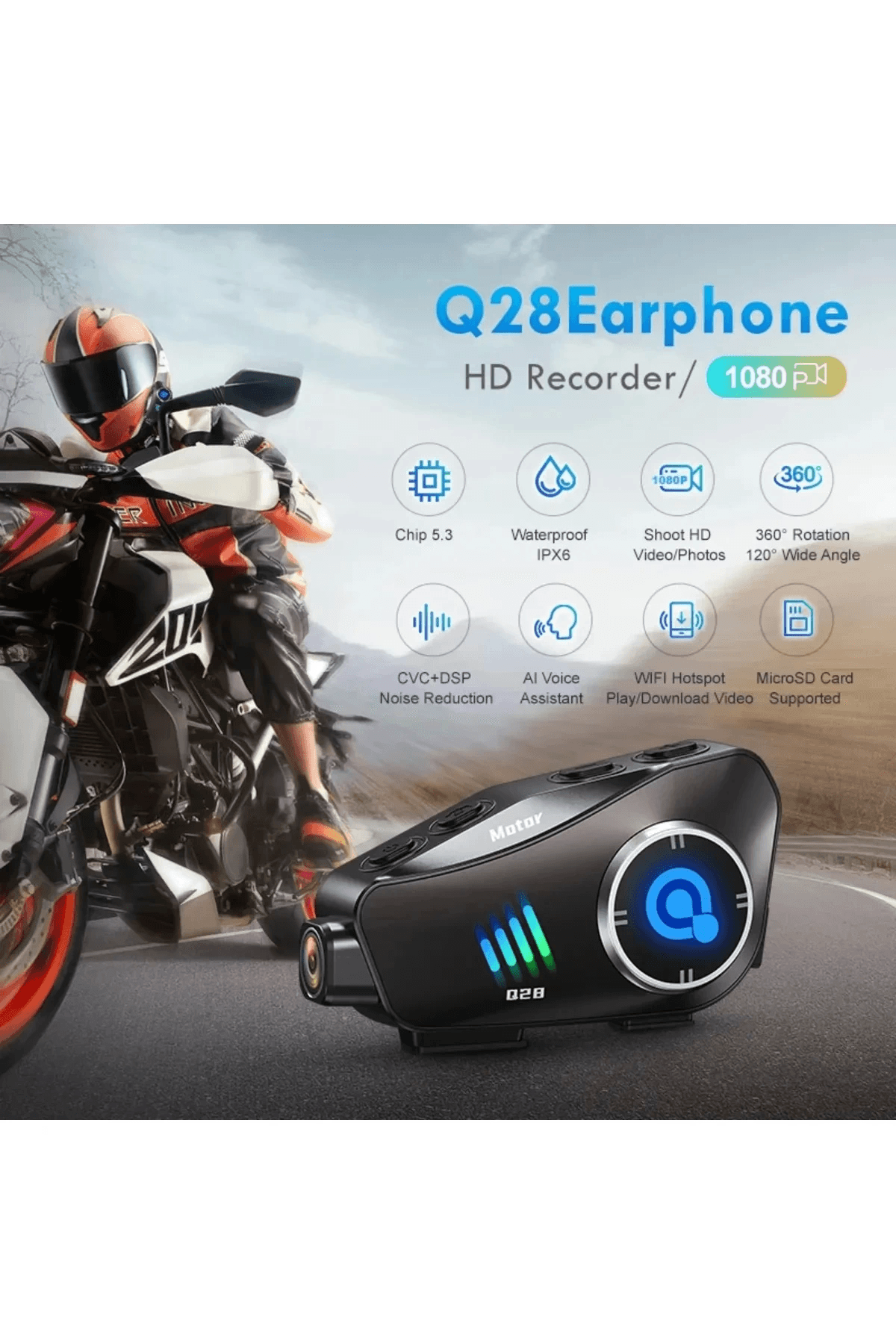 Q28 Motosiklet Kask Bluetooth Kulaklık 1080p Kamera Interkom Kulaklık Su Geçirmez Intercom