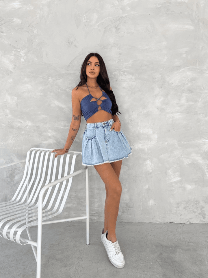 Kot Jeans Kesimetrik Kesim Cepli Şortlu Etek - Mavi