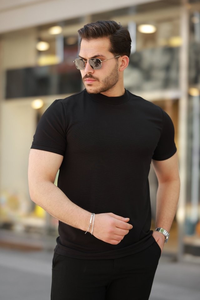 Erkek Ince çizgi Dokulu Kısa Kollu T-shirt