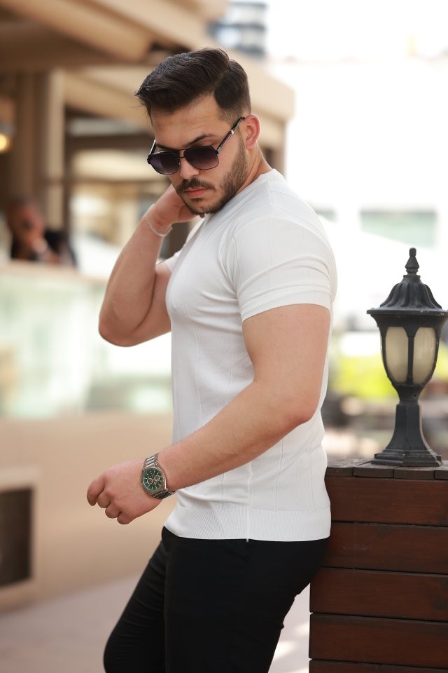 Erkek Ince çizgi Dokulu Bisiklet Yaka Kısa Kollu T-shirt
